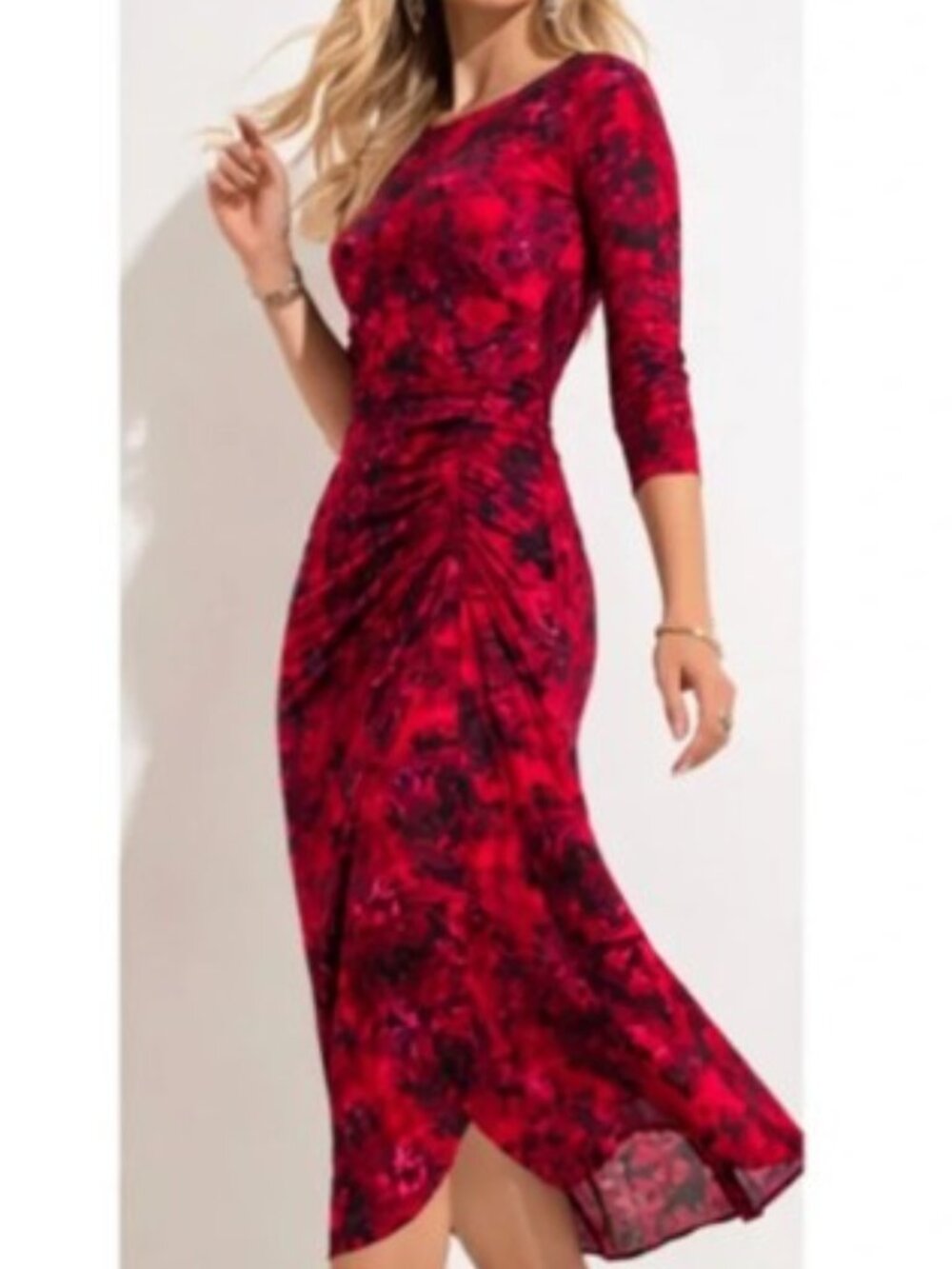 White House Black Market Floral Ruched Midi Dress Red & Black Size 4 Elegant NWT